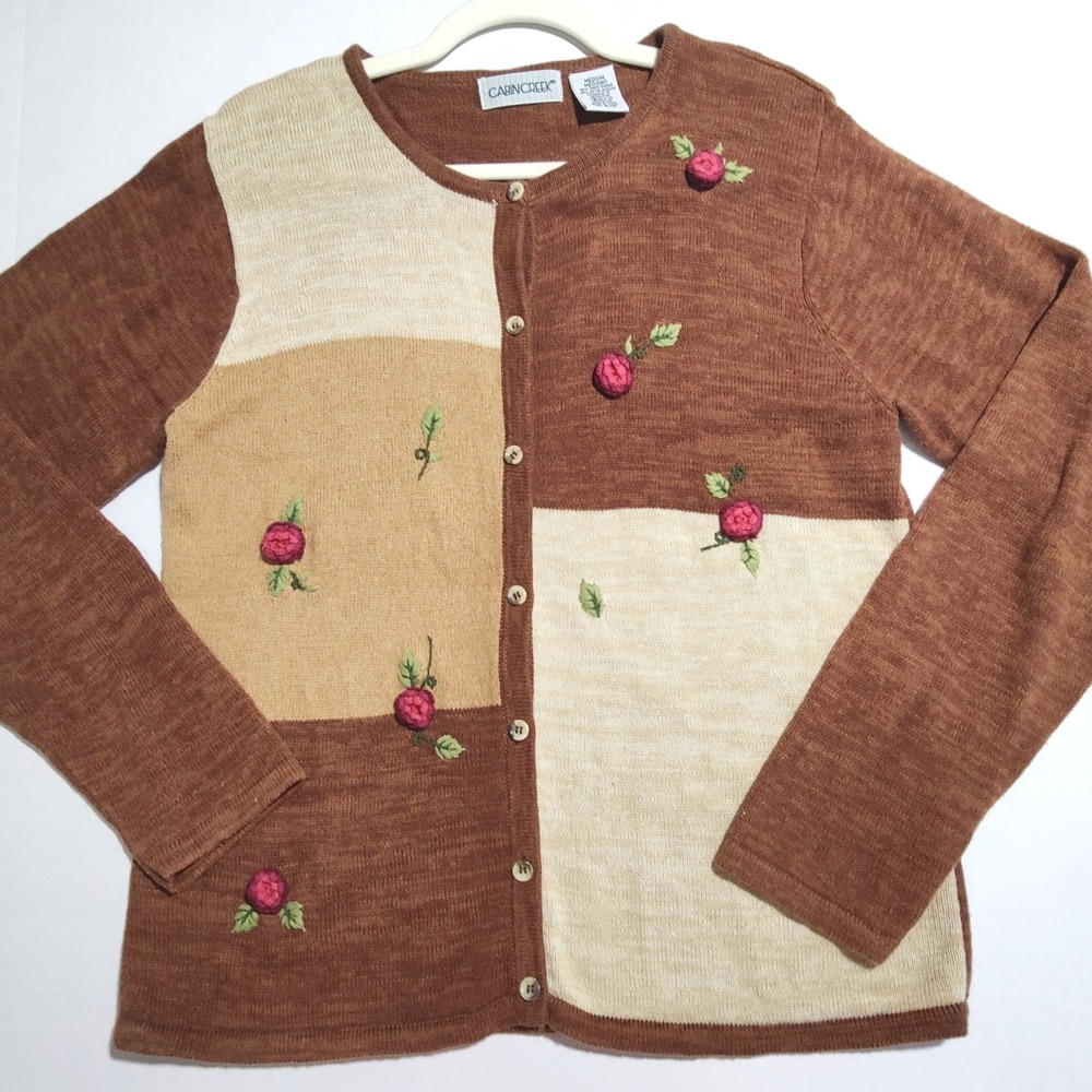 Cabin Creek Brown Colorblock 3D Rose Floral Ramie Cotton Cardigan Sweater M